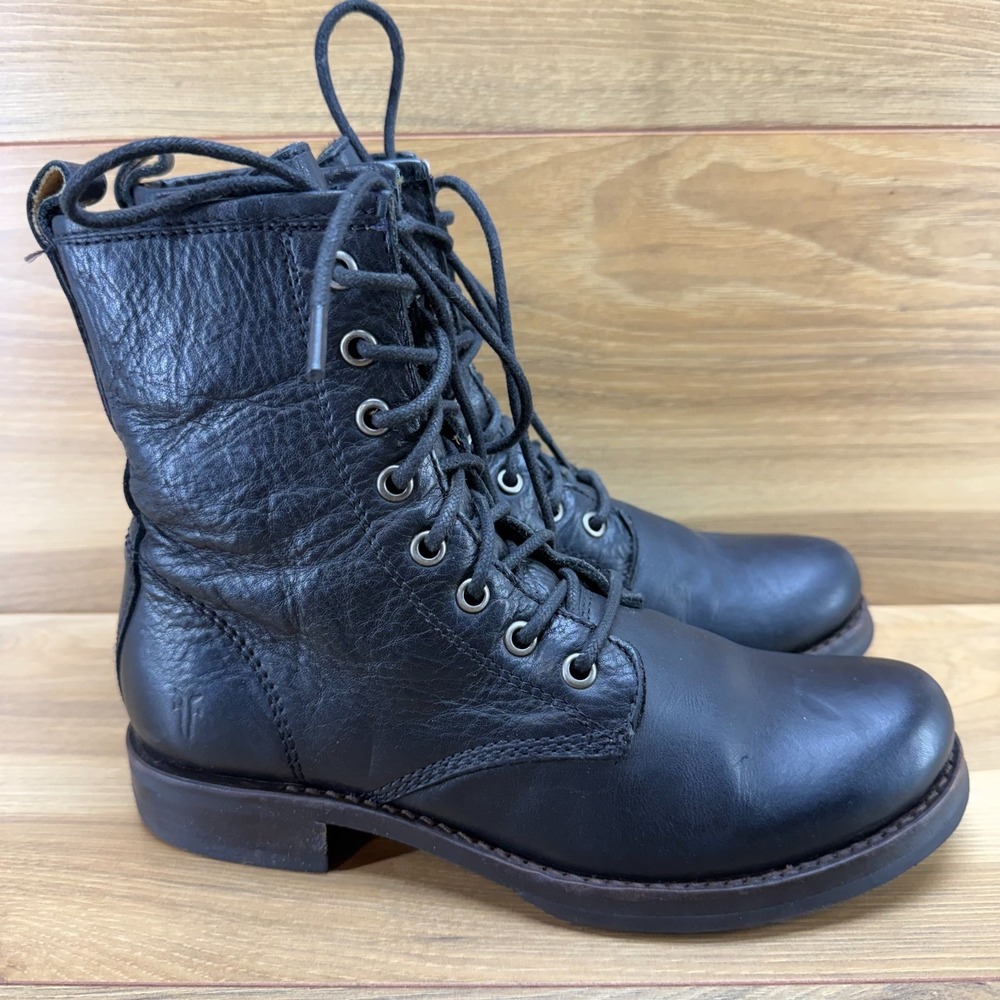 FRYE Veronica Lace Up Biker Boots Womens 7 Black Leather Combat Metal Punk
